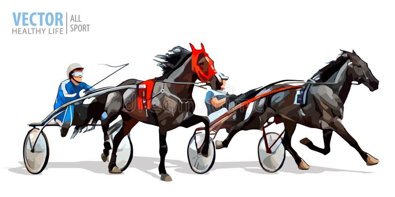 Jockey and horse. Two racing horses competing with each other. Race in harness with a sulky or racing bike. Vector