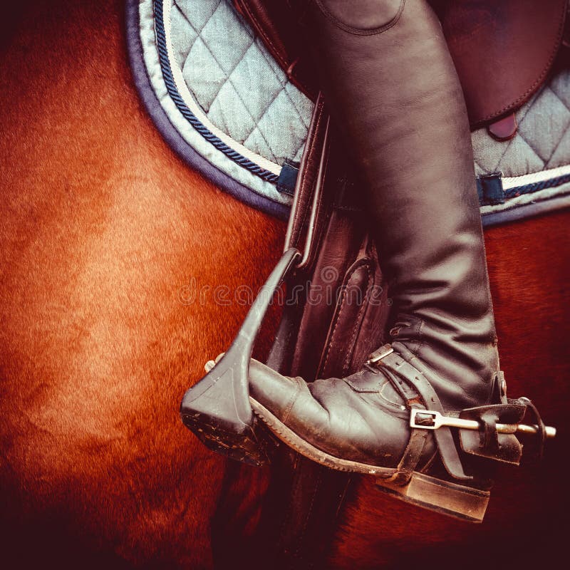 Jockey riding boot, horses saddle and stirrup