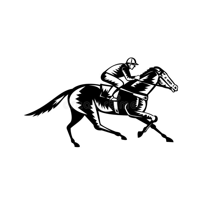 Jockey Riding Thoroughbred Horse Racing Retro Woodcut Black and White ...