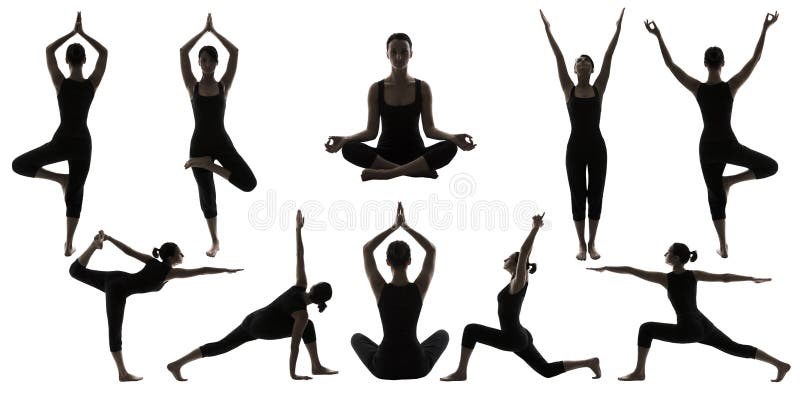Joga poz sylwetki, kobiety ciała równowagi Asana pozycja zdjęcie stock Joga poz sylwetki, kobiety ciała równowagi Asana pozycja zdjęcie stock