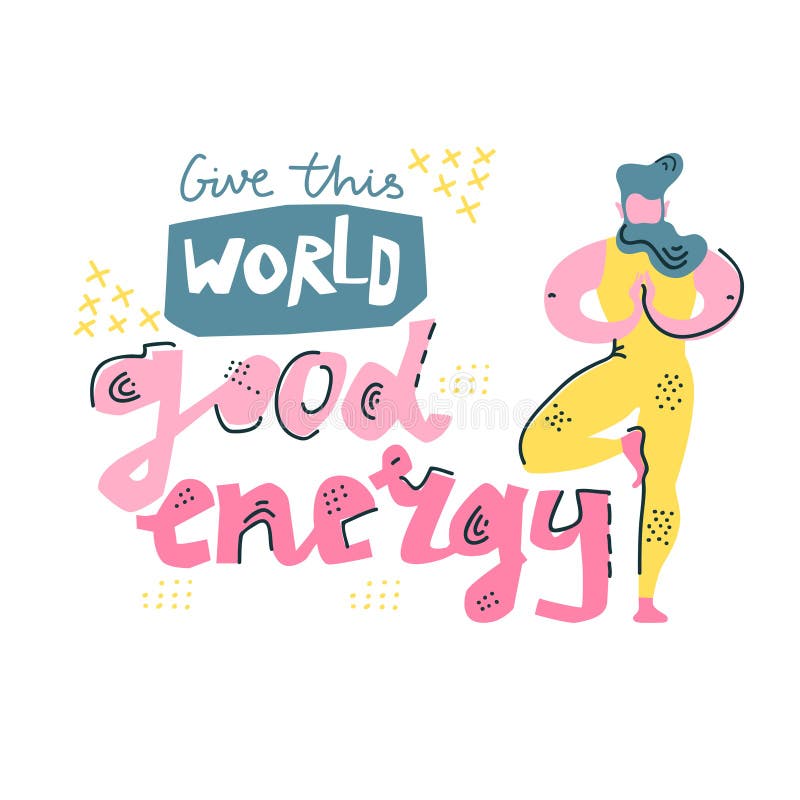 Joga wektorowy literowanie Daje ten światowej dobrej energii Mężczyzna w drzewnym asana Płaski minimalisty styl ilustracji Joga wektorowy literowanie Daje ten światowej dobrej energii Mężczyzna w drzewnym asana Płaski minimalisty styl ilustracji