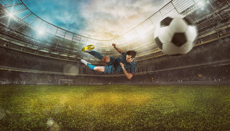 Chute De Futebol. Jogador De Futebol Chuta a Bola No Estádio