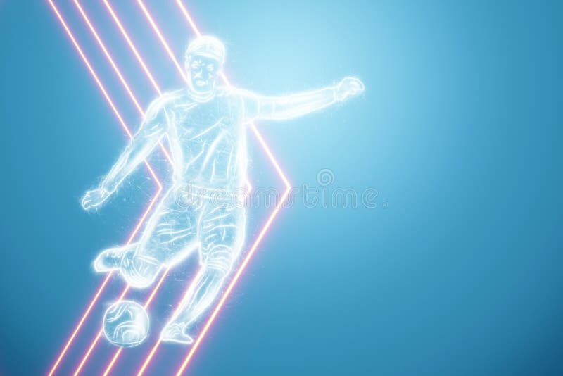 Um holograma de um jogador de futebol correndo para fora de um notebook,  tela de laptop. o conceito de apostas esportivas, futebol, jogos de azar,  transmissão online de futebol.