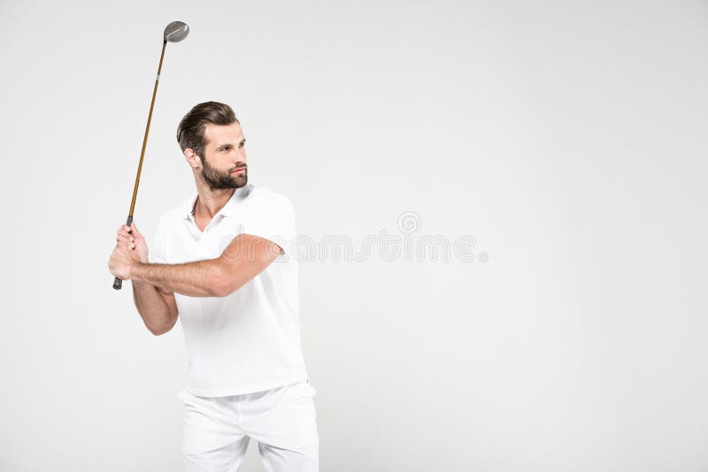 jogador de golfe confuso no sportswear branco com clube de golfe, imagens de stock royalty free jogador de golfe confuso no sportswear branco com clube de golfe, imagens de stock royalty free