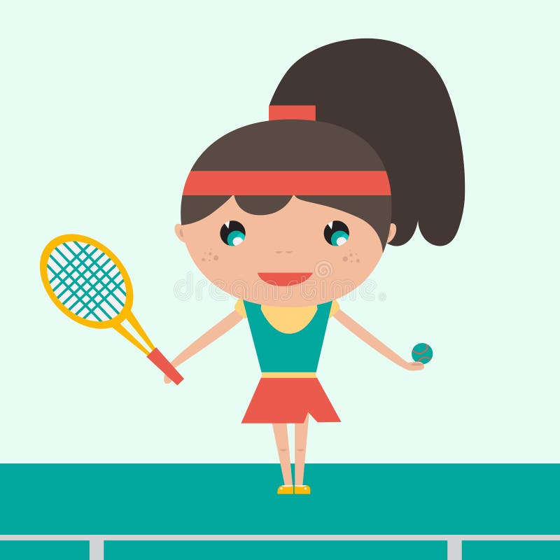 Jogador de tênis novo de sorriso do desportista que guarda a raquete e a bola Mulher alegre que joga o tênis Projeto liso do veto ilustração royalty free Jogador de tênis novo de sorriso do desportista que guarda a raquete e a bola Mulher alegre que joga o tênis Projeto liso do veto ilustração royalty free