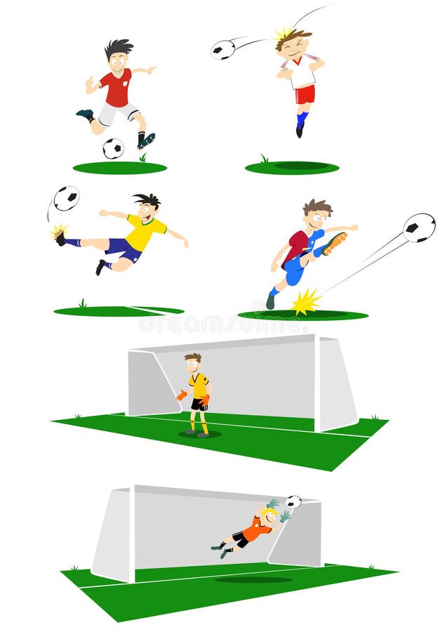 A collection of Football players, kicking, heading and goal keeping. If purchasing the vector, elements such as uniform color can easily be changed. A collection of Football players, kicking, heading and goal keeping. If purchasing the vector, elements such as uniform color can easily be changed.