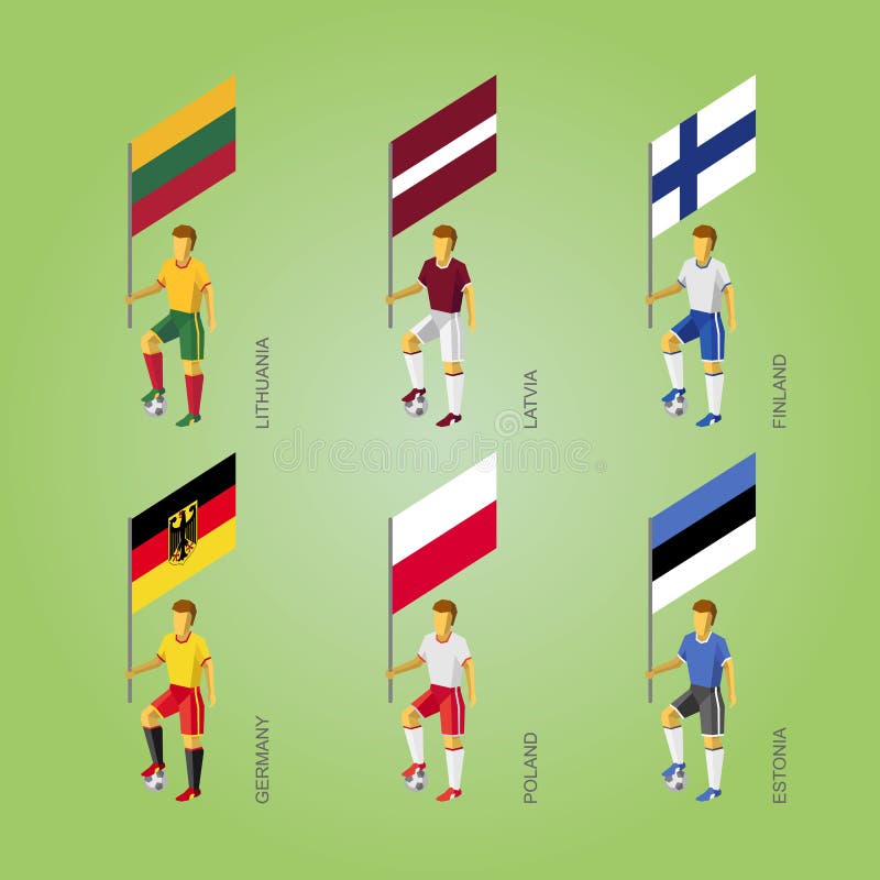 Jogadores de futebol com bandeiras: Alemanha, Letónia, Estônia, Lituânia ilustração do vetor Jogadores de futebol com bandeiras: Alemanha, Letónia, Estônia, Lituânia ilustração do vetor