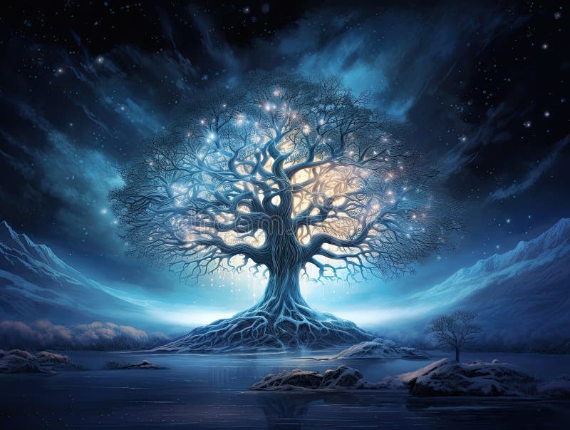 Joggdrasil-Baum im Winter : der heilige Baum, der von Nordlichtern beleuchtet wird. generative Hilfe. Gelände und Hintergrund.