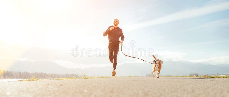 Jogging mężczyzna z jego psem w ranku Aktywny zdrowy styl ?ycia poj?cia wizerunek