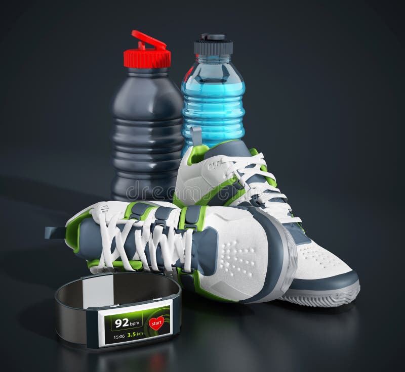 Jogging Shoes, Water Bottles and Smartwatch Stock Photo Image of