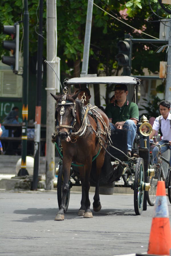 Jogjakarta, Indon?sie march23, 2019 : un chauffeur de taxi avec les touristes de attente d'un cheval autour de la ville photographie stock libre de droits Jogjakarta, Indon?sie march23, 2019 : un chauffeur de taxi avec les touristes de attente d'un cheval autour de la ville photographie stock libre de droits
