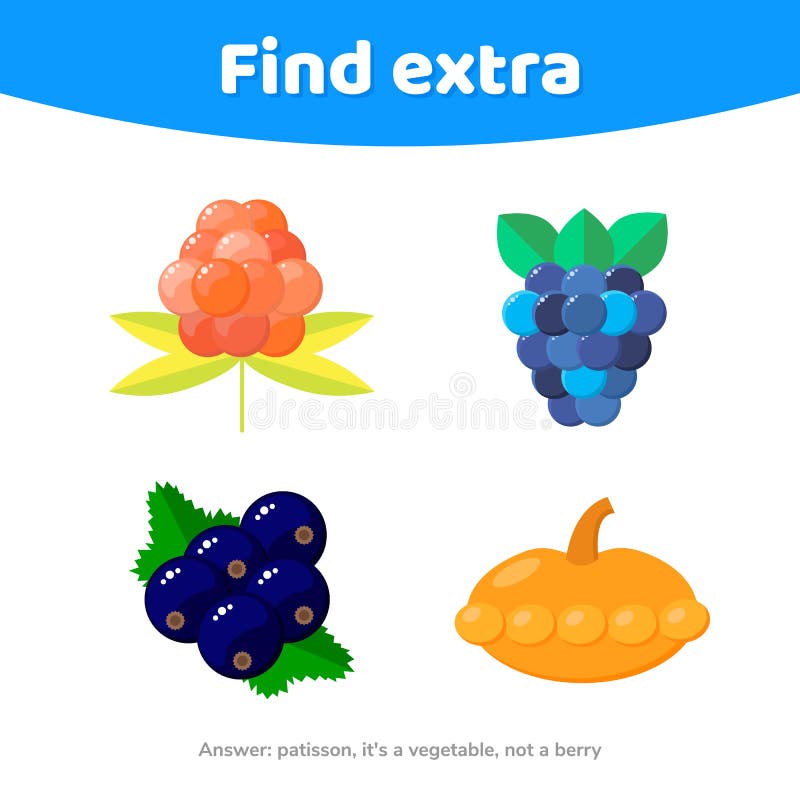 Jogo da educação para crianças prées-escolar Encontre o objeto extra vegetais e bagas, patisson, cloudberries, amoras-pretas, cor ilustração stock Jogo da educação para crianças prées-escolar Encontre o objeto extra vegetais e bagas, patisson, cloudberries, amoras-pretas, cor ilustração stock
