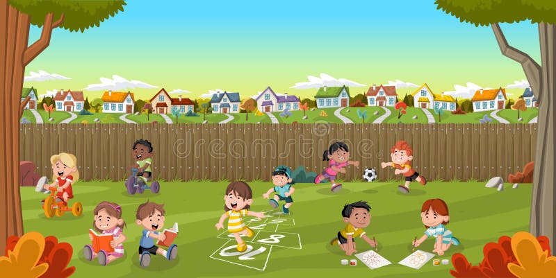 Grupo De Crianças Que Jogam O Jogo Em Um Parque Público Ou Playground Da  Escola Com Balanços, Slides, Skate, Bola, Lápis De Cor, Corda, Jogo Do  Catch-up. Infância Feliz. Ilustração Moderna. Clipart