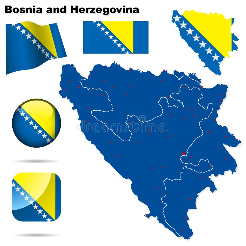 Bosnia and Herzegovina set. Detailed country shape with region borders, flags and icons isolated on white background. Bosnia and Herzegovina set. Detailed country shape with region borders, flags and icons isolated on white background.