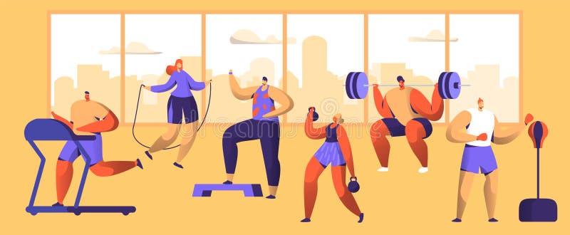 Jogo de caracteres do exercício do Gym Figura coleção do homem e da mulher da aptidão do esporte cardio- Weightlifter aeróbio sau ilustração stock Jogo de caracteres do exercício do Gym Figura coleção do homem e da mulher da aptidão do esporte cardio- Weightlifter aeróbio sau ilustração stock