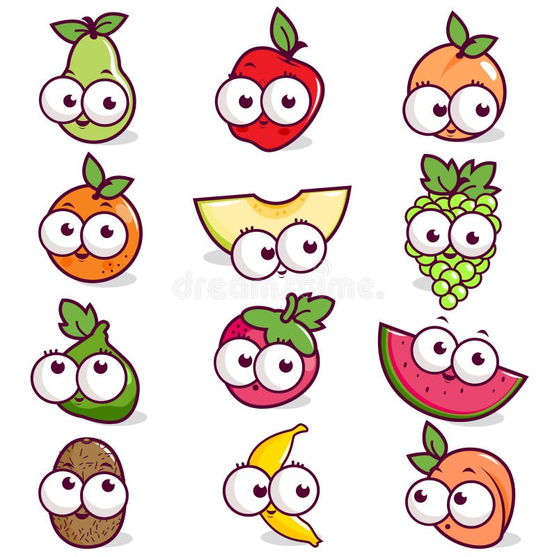 Personagens de fruta de desenho animado. Coleção de autocolantes de fruta engraçados e fofos. Conjunto de ilustração vetorial ilustração do vetor