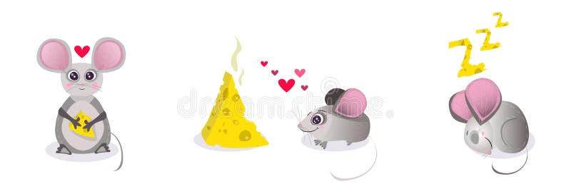 Jogo de caracteres dos desenhos animados do vetor, coleção O rato que guarda uma parte de queijo, rato cai no amor com queijo, so ilustração stock Jogo de caracteres dos desenhos animados do vetor, coleção O rato que guarda uma parte de queijo, rato cai no amor com queijo, so ilustração stock