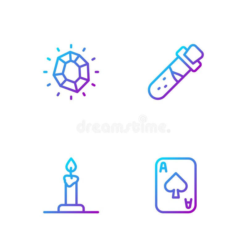 Set line Playing cards, Burning candle candlestick, Magic stone and Bottle with potion. Gradient color icons. Vector. Set line Playing cards, Burning candle candlestick, Magic stone and Bottle with potion. Gradient color icons. Vector.