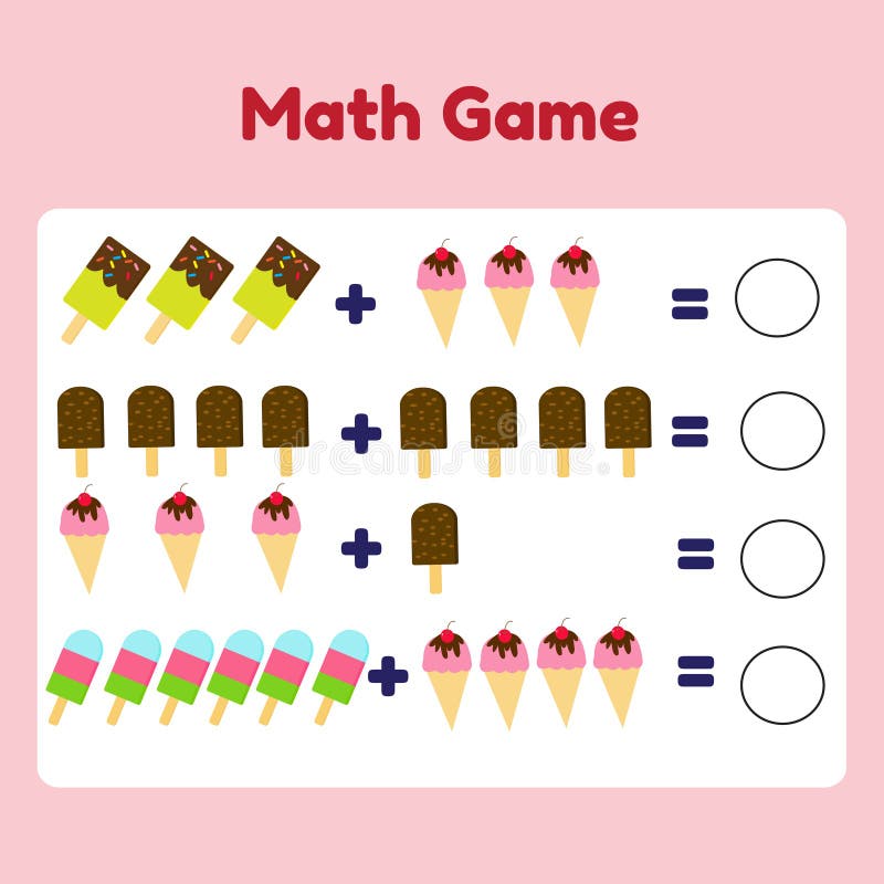 Eu espio a contagem do jogo de sorvete de desenho animado, sorvete, sundae,  palito de chocolate e casquinha de baunilha. planilha de enigma de vetor  para crianças para desenvolvimento de habilidades matemáticas