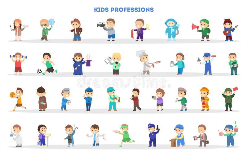 Jogo de crianças como o grupo diferente do trabalhador Coleção dos miúdos ilustração stock Jogo de crianças como o grupo diferente do trabalhador Coleção dos miúdos ilustração stock