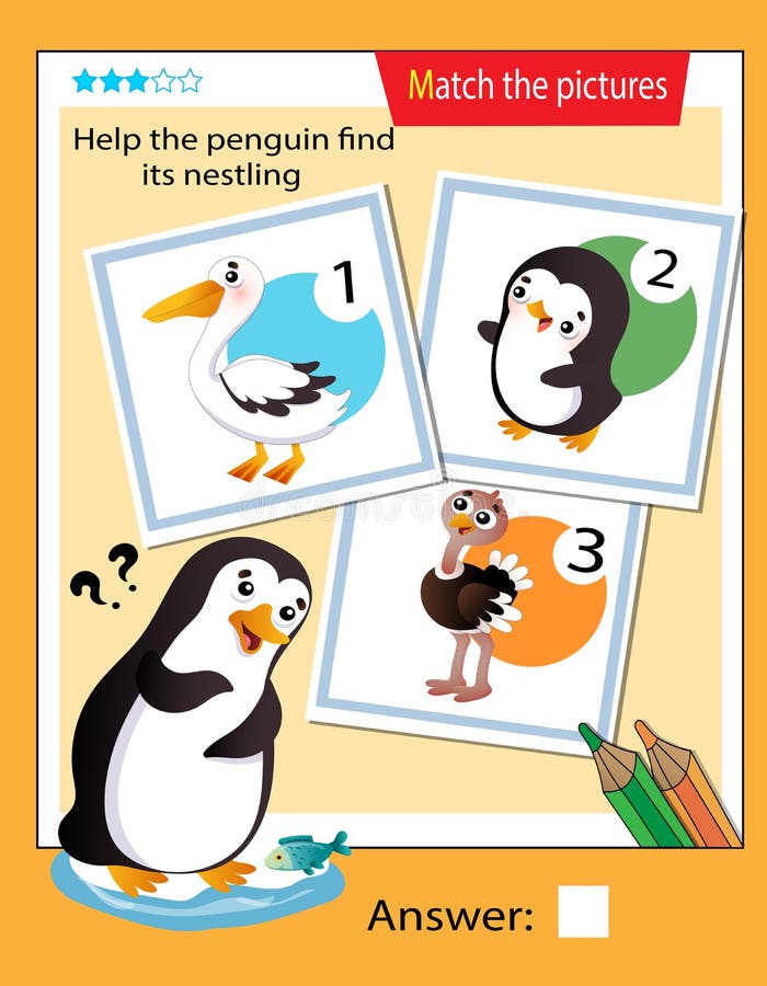 Jogo educativo para crianças encontra duas fotos iguais pinguim