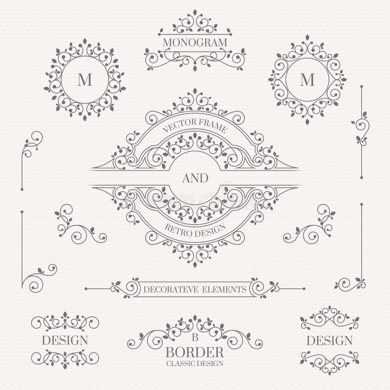 Jogo de elementos decorativos Monogramas decorativos, beiras, quadro ilustração do vetor Jogo de elementos decorativos Monogramas decorativos, beiras, quadro ilustração do vetor