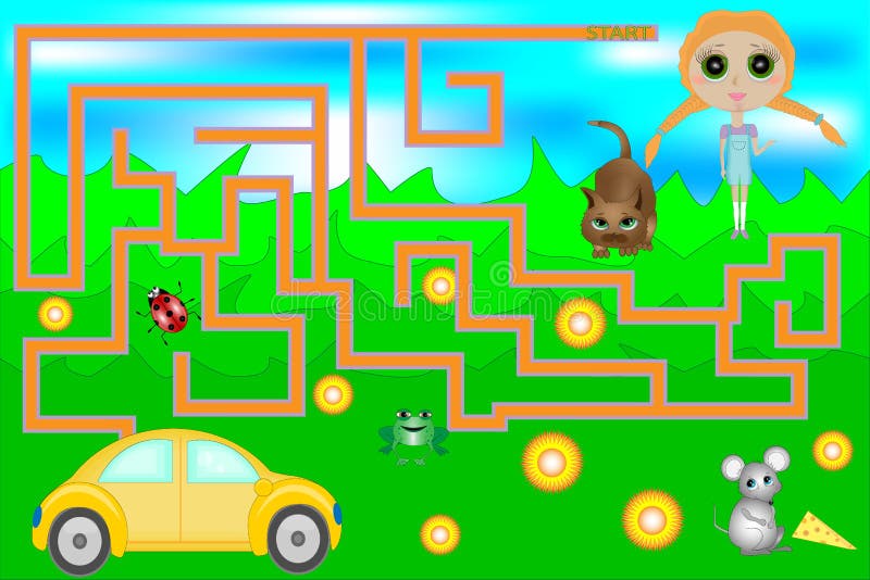 Vector Maze Game with Car and Girl. Game for children with funny characters. Vector Maze Game with Car and Girl. Game for children with funny characters.