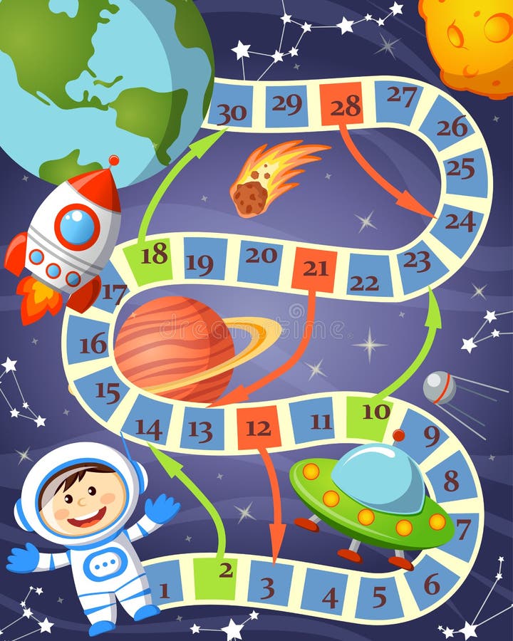 Board game with cosmonaut, ufo, rocket, planet and stars. Vector illustration. Board game with cosmonaut, ufo, rocket, planet and stars. Vector illustration