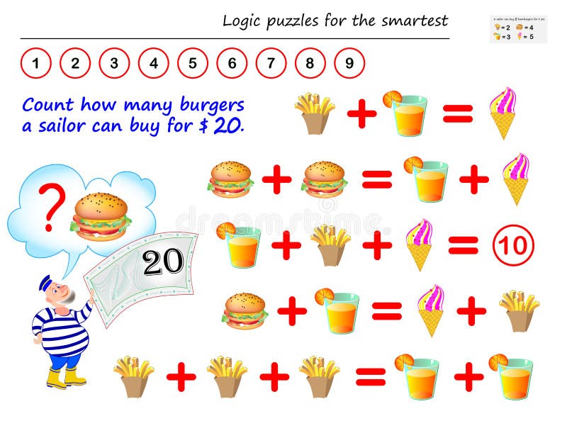 O Jogo Do Enigma Da Lógica Matemática Para Mais Esperto Resolve Exemplos E  Conta O Valor De Cada Peixe Escreva Os Números Nos Cír Ilustração do Vetor  - Ilustração de brainteaser, entretenimento