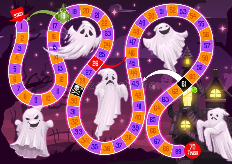 jogo de tabuleiro de halloween com castelo assustador e crianças fofas. jogo  de tabuleiro educacional com