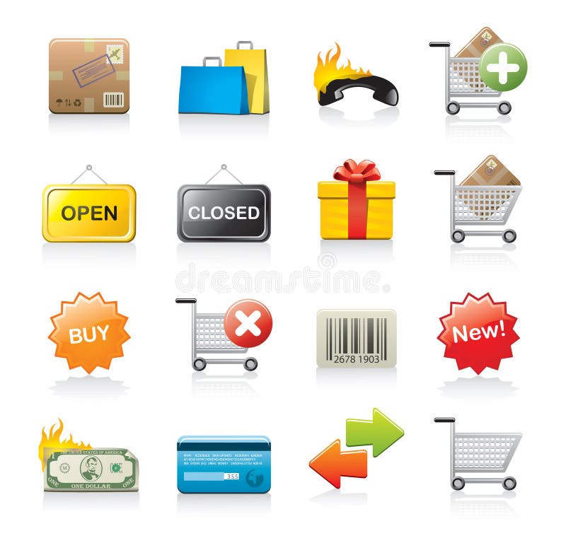 Set of different icons associated with shopping, isolated on white background. Set of different icons associated with shopping, isolated on white background.