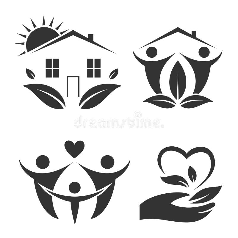 Jogo do logotipo da casa verde Ícone feliz da família, amante do eco ilustração stock Jogo do logotipo da casa verde Ícone feliz da família, amante do eco ilustração stock