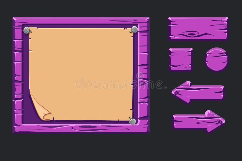 Vector game ui kit. Template violet wooden menu of graphical user interface GUI, old paper and buttons to build 2D games. Isolated on a separate layers. Vector game ui kit. Template violet wooden menu of graphical user interface GUI, old paper and buttons to build 2D games. Isolated on a separate layers
