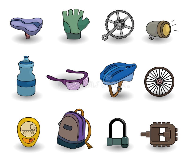 Jogo do ícone do equipamento da bicicleta dos desenhos animados ilustração do vetor Jogo do ícone do equipamento da bicicleta dos desenhos animados ilustração do vetor