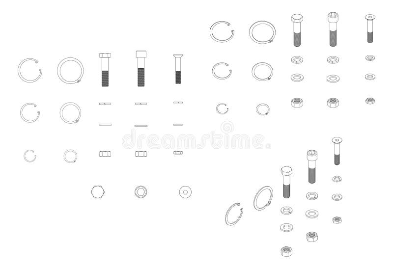 Vector set of screws, washers and nuts. Vector set of screws, washers and nuts