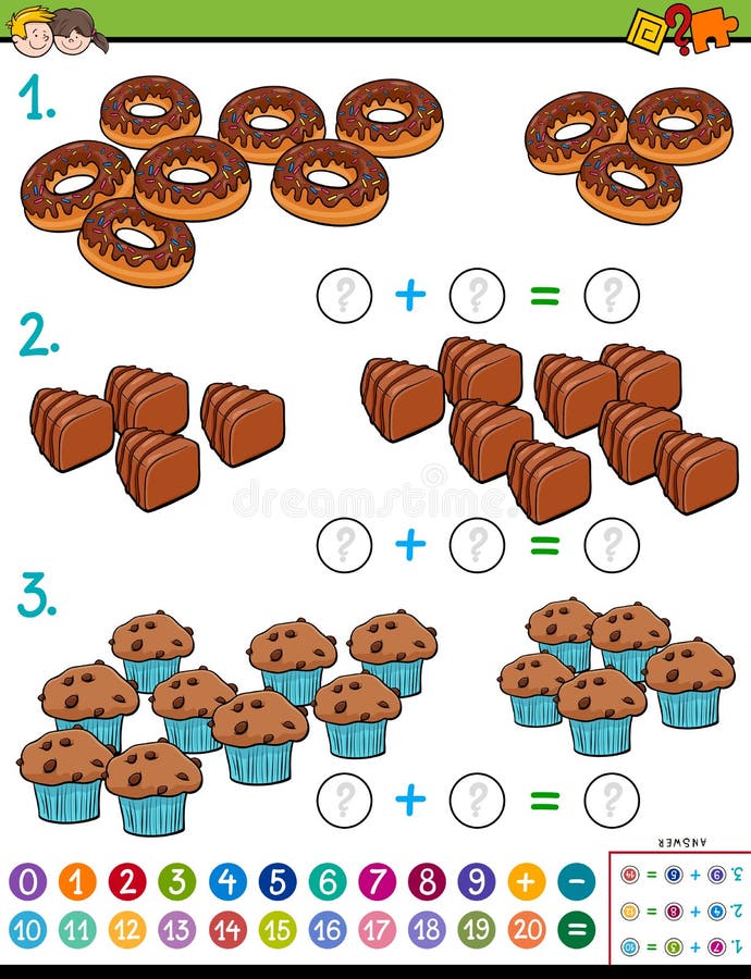 Jogo Educativo Para Crianças. Comida Colorida. Resolva Exemplos De  Matemática Para Adição. Dobre Doces Royalty Free SVG, Cliparts, Vetores, e  Ilustrações Stock. Image 164693449