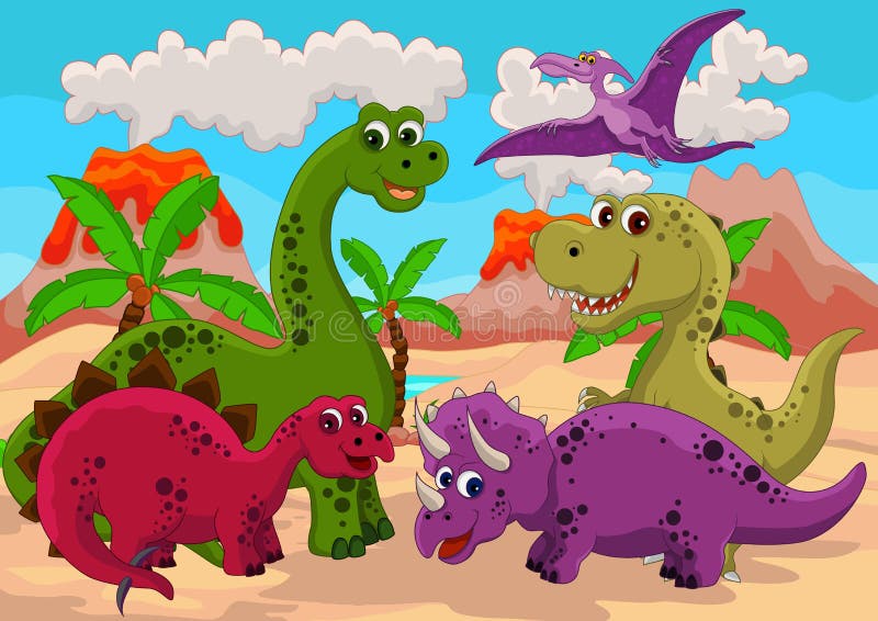 Desenhos animados dinossauros felizes com vulcão