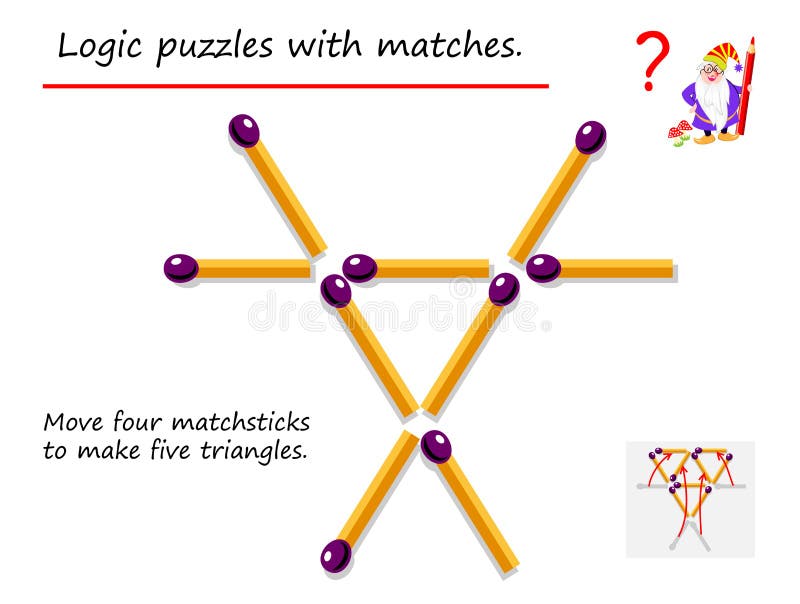 Jogo l?gico do enigma com f?sforos Precise de mover quatro matchsticks para fazer cinco triângulos P?gina imprim?vel para o livro ilustração royalty free Jogo l?gico do enigma com f?sforos Precise de mover quatro matchsticks para fazer cinco triângulos P?gina imprim?vel para o livro ilustração royalty free