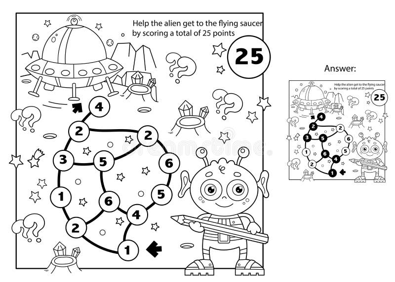 Números de subtração e adição de jogos de matemática infantil livro de  colorir com disco ufo alienígena mini tarefa