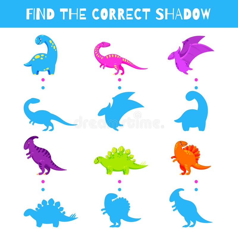 O jogo de lógica infantil encontra o vetor de dinossauro bonito dos  desenhos animados da sombra certa