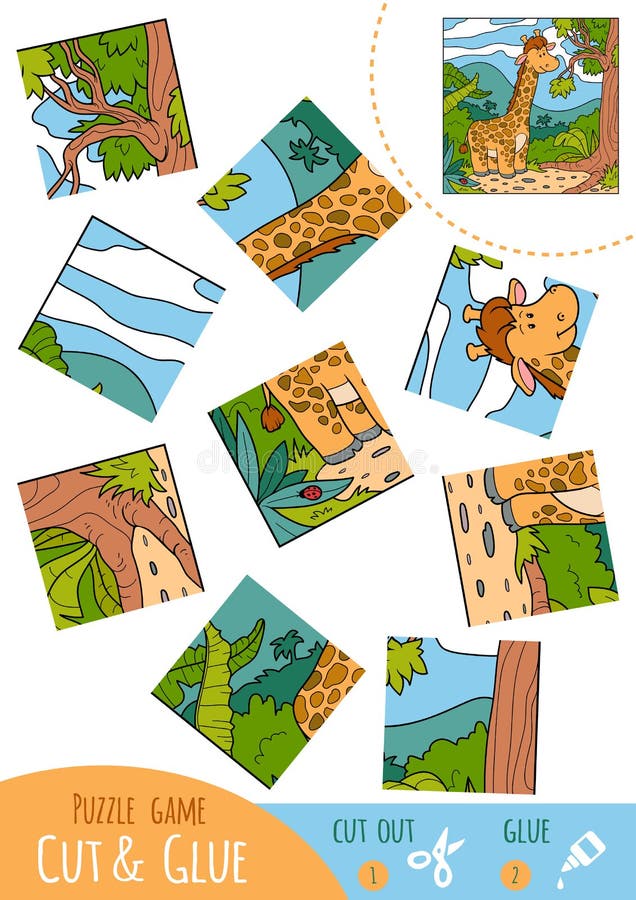 Corte e cole o modelo de quebra-cabeça colorido e aprenda o jogo das  crianças com a imagem de um guaxinim comendo uma maçã em uma madeira.  atividade educacional de animais selvagens para