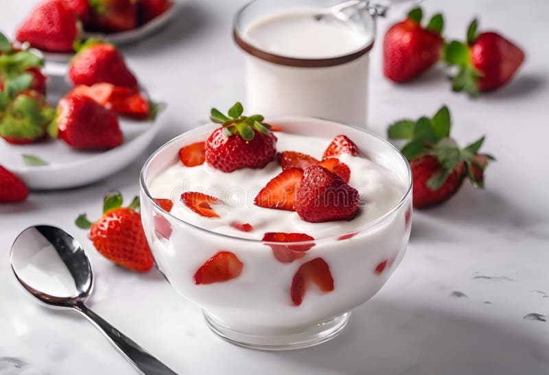 Jogurt mit frischen Erdbeeren und Sirup stock abbildung