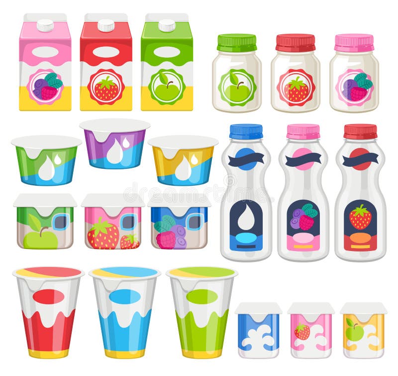 Jogurt pakuje ikony ustawiać ilustracji Jogurt pakuje ikony ustawiać ilustracji