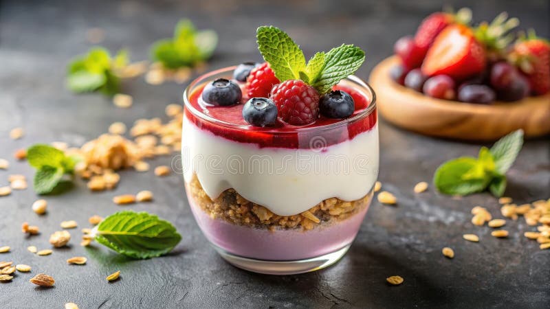 Jogurt-Parfait mit Beeren und Granola eine angenehme und erfrischende Sommerfrische. Generative AI vektor abbildung