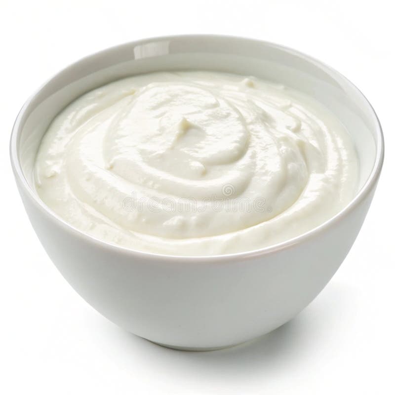 Jogurt-Schüssel isoliert auf weißem Hintergrund. Eine Schüssel cremigem Jogurt isoliert auf weißem Hintergrund ideal für die Ernährung Milchprodukte und gesunden Essgehalt. Generative AI