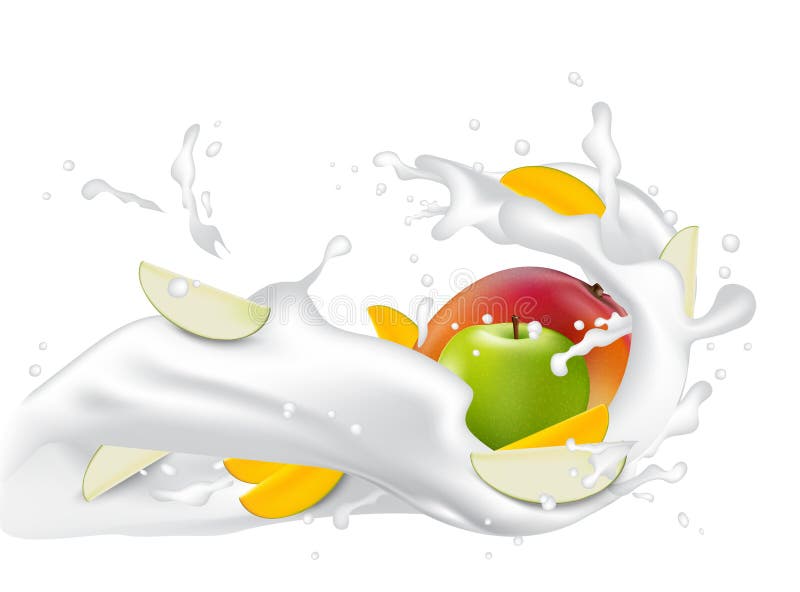 Jogurtmilch mit Mango-, Pfirsich- und Apfelscheiben Flüssige Milch 3d stock abbildung