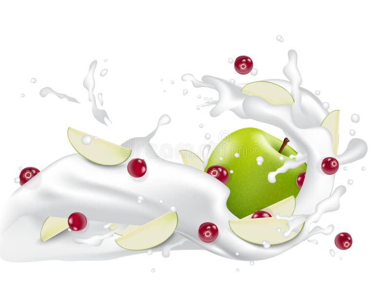 Jogurtmilch mit roten Beeren und Apfelscheiben Flüssige 3d Milch s stock abbildung