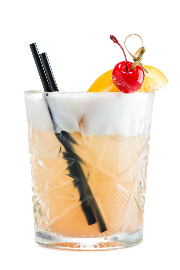 John Collins or Whiskey sour cocktail in glass decorated with ch