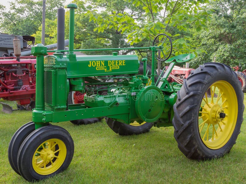 A view of a vintage John Deere General Purpose farm tractor. A view of a vintage John Deere General Purpose farm tractor.