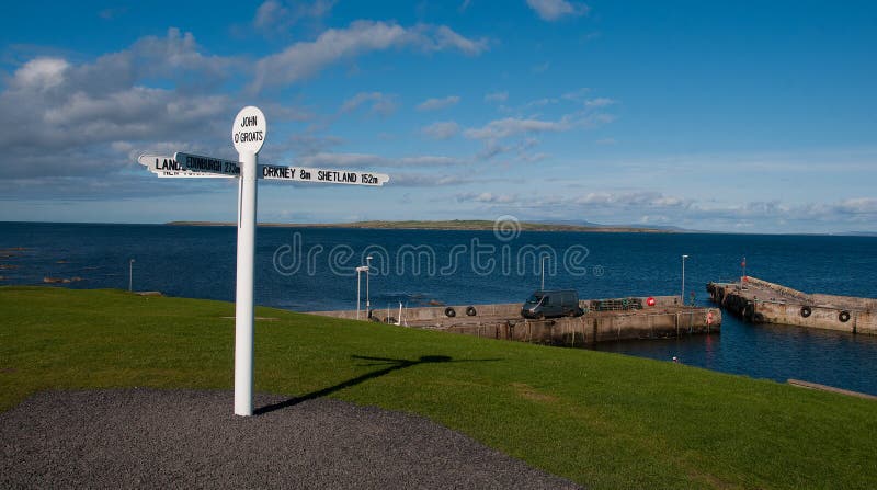John &x27;o Groats New Signpost and Harbour, Caithness, Scotland, UK